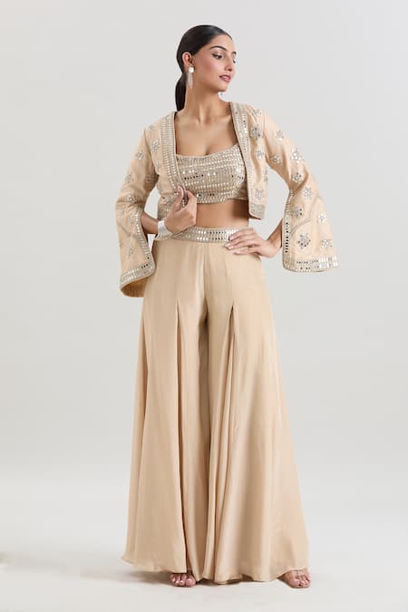 Basanti - Kapde Aur Koffee x AZA Mirror Embroidered Cropped Jacket Sharara Set 