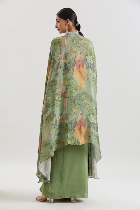 Basanti - Kapde Aur Koffee X AZA Floral Print Cape & Draped Skirt Set 