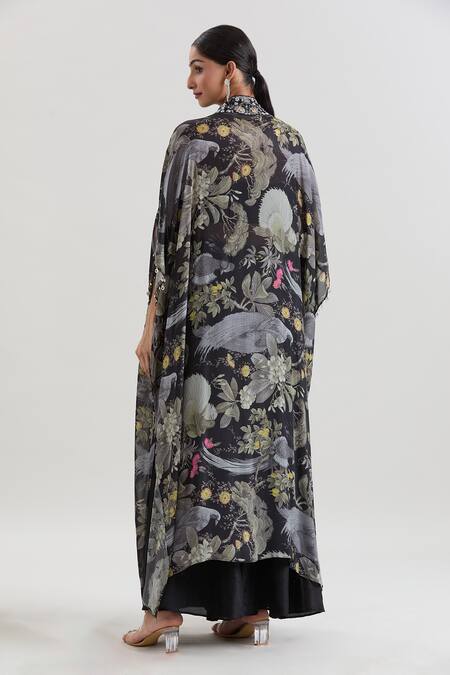 Shop Basanti - Kapde Aur Koffee Black Chiffon Sequins, Beads Sweetheart Neck Floral Print Cape And Sharara Set at Aza Fashions Shop_Basanti - Kapde Aur Koffee_Black Chiffon Sequins, Beads Sweetheart Neck Floral Print Cape And Sharara Set_at_Aza_Fashions