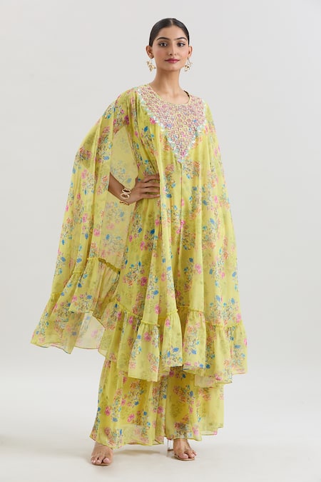 Basanti - Kapde Aur Koffee x AZA Floral Print Cape & Sharara Co-ord Set 