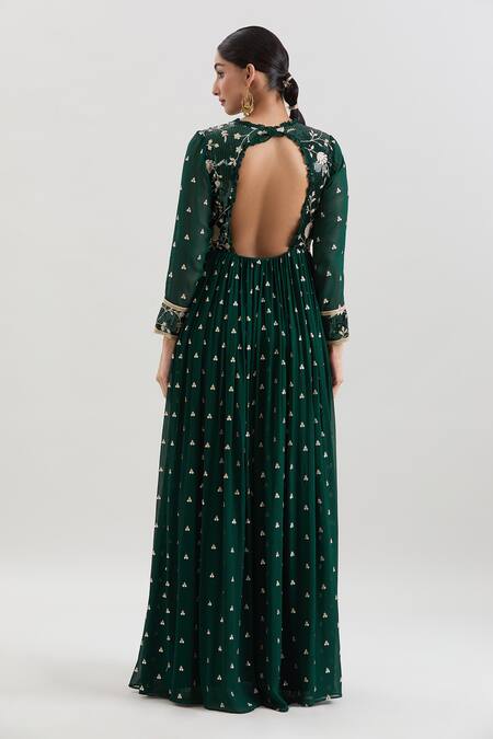 Shop Basanti - Kapde Aur Koffee Green Georgette Sequins, Zari, Cut Work Floral Embroidered Anarkali With Dupatta at Aza Fashions Shop_Basanti - Kapde Aur Koffee_Green Georgette Sequins, Zari, Cut Work Floral Embroidered Anarkali With Dupatta_at_Aza_Fashions