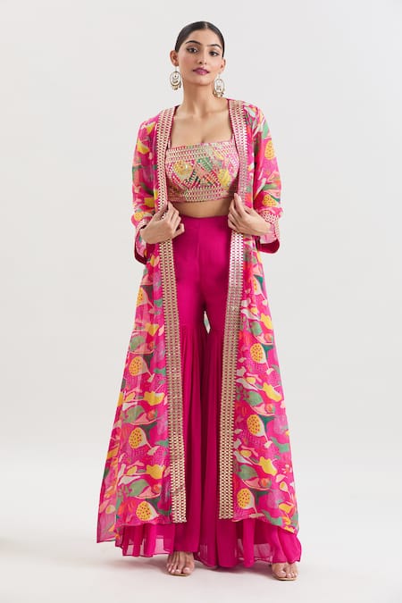 Basanti - Kapde Aur Koffee x AZA Pink Organza Printed Gota Patti Blouse Square Floral Jacket And Sharara Set 