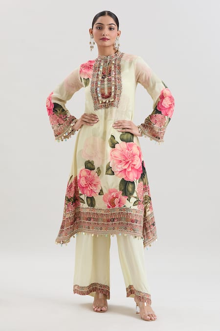 Basanti - Kapde Aur Koffee x AZA Ivory Crepe Printed Floral Band V Straight Kurta And Pant Set 