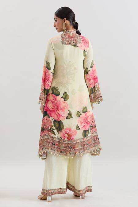 Shop Basanti - Kapde Aur Koffee Ivory Crepe Sequins, Embroidery Bandeau Floral Print Straight Kurta And Pant Set at Aza Fashions Shop_Basanti - Kapde Aur Koffee_Ivory Crepe Sequins, Embroidery Bandeau Floral Print Straight Kurta And Pant Set_at_Aza_Fashions