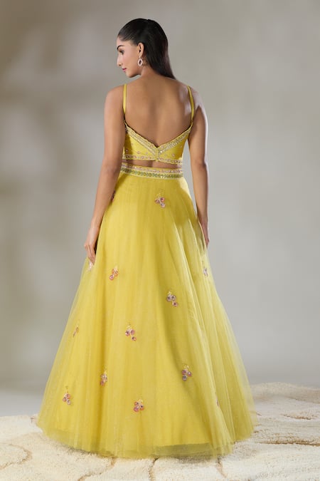 Shop Basanti - Kapde Aur Koffee Yellow Organza Sequins, Mirrors, Cut Work Floral Embroidered Lehenga Set at Aza Fashions Shop_Basanti - Kapde Aur Koffee_Yellow Organza Sequins, Mirrors, Cut Work Floral Embroidered Lehenga Set_at_Aza_Fashions
