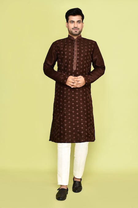 Arihant Rai Sinha Brown Kurta Dupion Silk Embroidered Thread Mini Floral With Pant 