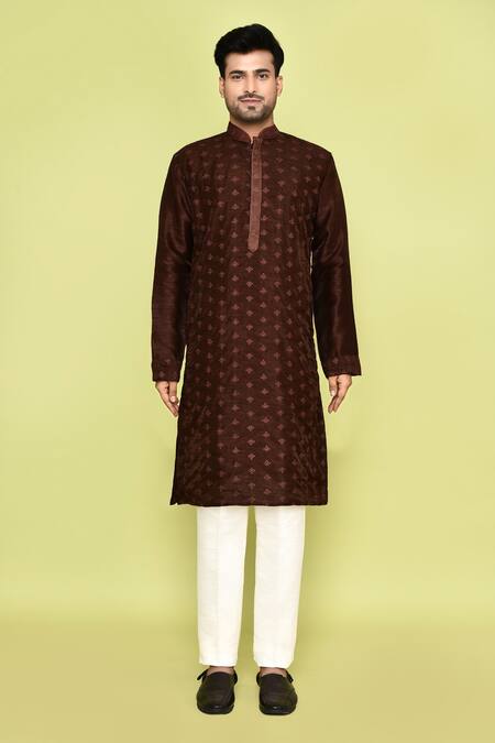Buy_Arihant Rai Sinha_Brown Silk Embroidery Mini Floral Kurta With Pant_Online_at_Aza_Fashions
