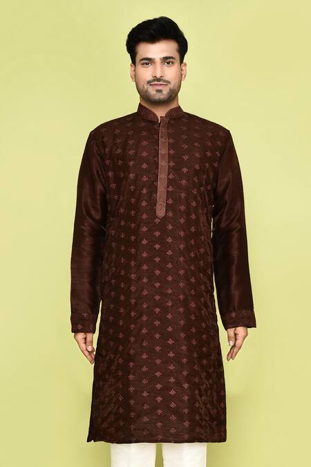 Shop_Arihant Rai Sinha_Brown Silk Embroidery Mini Floral Kurta With Pant_Online_at_Aza_Fashions