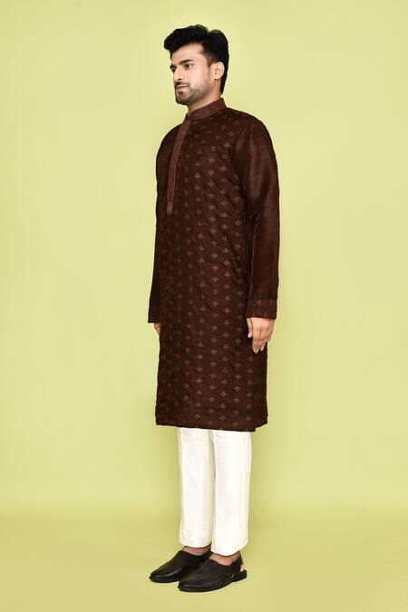 Arihant Rai Sinha_Brown Silk Embroidery Mini Floral Kurta With Pant_at_Aza_Fashions