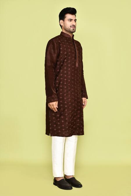 Buy_Arihant Rai Sinha_Brown Silk Embroidery Mini Floral Kurta With Pant
