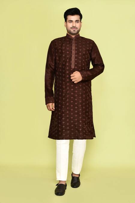 Shop_Arihant Rai Sinha_Brown Silk Embroidery Mini Floral Kurta With Pant