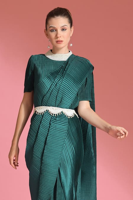 Buy Preeti Mehta Green Satin Pearls, Beads, Tassels Embroidered Collar Saree Gown With Belt Online at Aza Fashions Buy_Preeti Mehta_Green Satin Pearls, Beads, Tassels Embroidered Collar Saree Gown With Belt _Online_at_Aza_Fashions