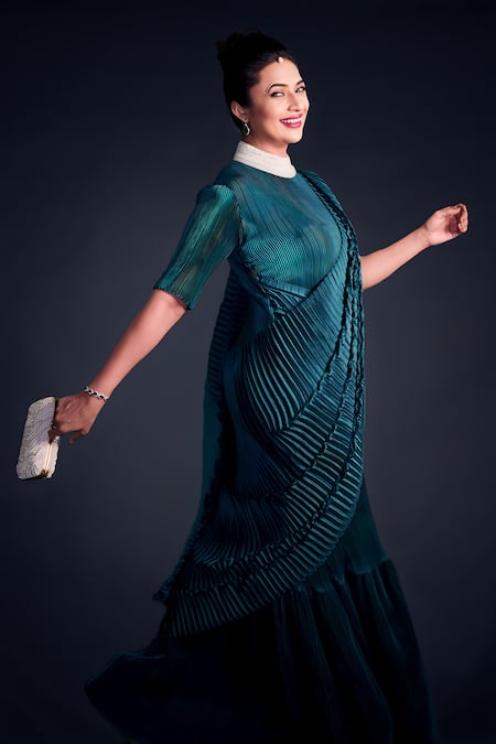 Preeti Mehta_Green Satin Pearls, Beads, Tassels Embroidered Collar Saree Gown With Belt _Online_at_Aza_Fashions