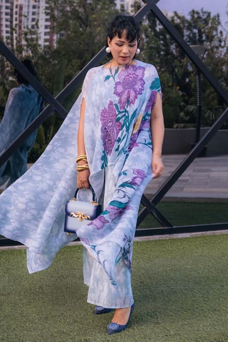 Shop_Preeti Mehta_Blue Lurex, Polyester Pearls, Embroidery Boat Neck Bloom Print Kaftan And Pant Set _at_Aza_Fashions