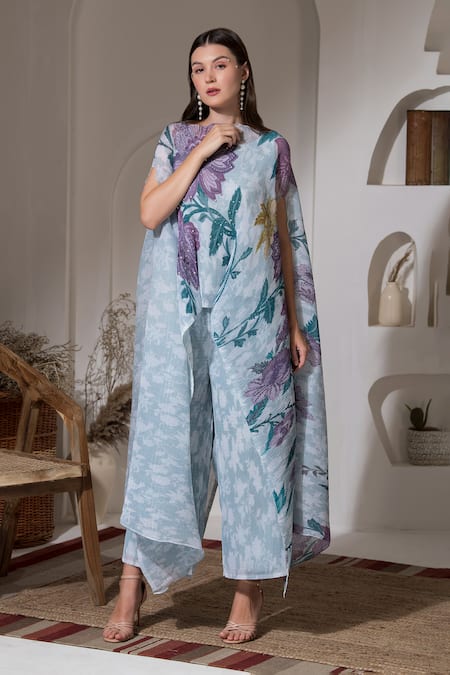 Preeti Mehta_Blue Lurex, Polyester Pearls, Embroidery Boat Neck Bloom Print Kaftan And Pant Set _Online_at_Aza_Fashions