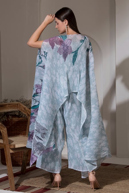 Buy_Preeti Mehta_Blue Lurex, Polyester Pearls, Embroidery Boat Neck Bloom Print Kaftan And Pant Set _Online_at_Aza_Fashions