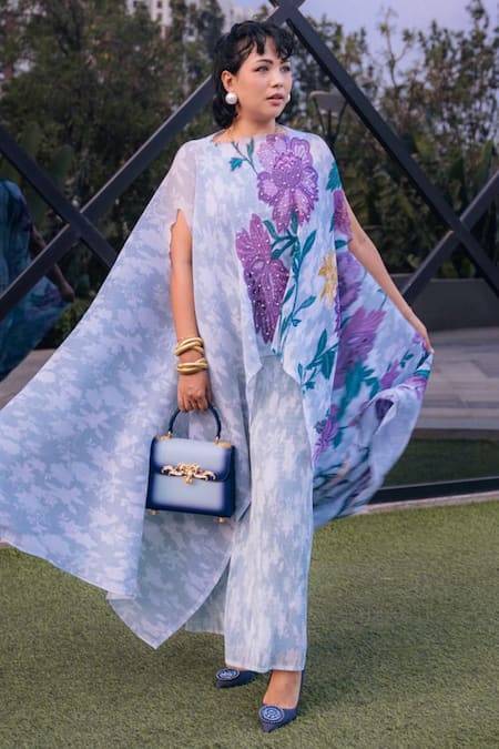 Shop_Preeti Mehta_Blue Lurex, Polyester Pearls, Embroidery Boat Neck Bloom Print Kaftan And Pant Set _Online_at_Aza_Fashions