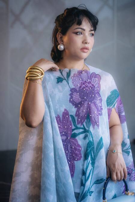 Preeti Mehta_Blue Lurex, Polyester Pearls, Embroidery Boat Neck Bloom Print Kaftan And Pant Set _at_Aza_Fashions