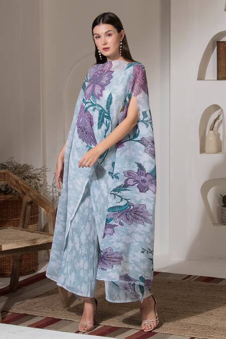 Buy_Preeti Mehta_Blue Lurex, Polyester Pearls, Embroidery Boat Neck Bloom Print Kaftan And Pant Set 