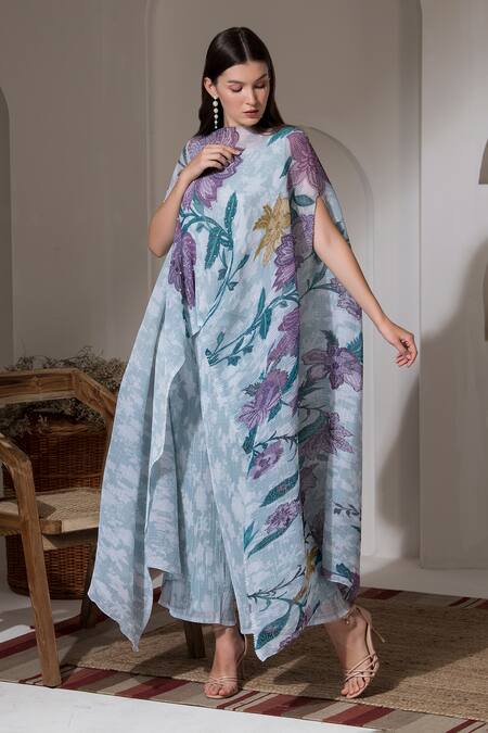 Shop_Preeti Mehta_Blue Lurex, Polyester Pearls, Embroidery Boat Neck Bloom Print Kaftan And Pant Set 