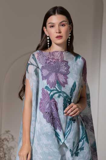 Shop_Preeti Mehta_Blue Lurex, Polyester Pearls, Embroidery Boat Neck Bloom Print Kaftan And Pant Set 