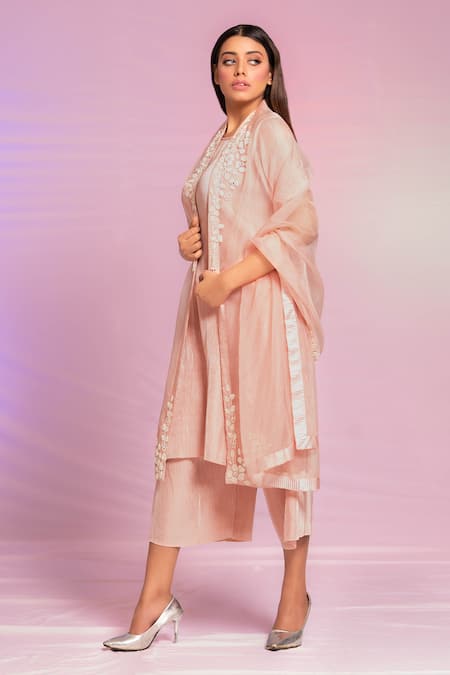 Preeti Mehta_Pink Satin, Polyester Embroidery Round Neck Pleated Kurta Set With Dupatta _Online_at_Aza_Fashions