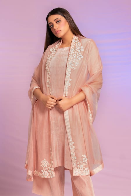Buy_Preeti Mehta_Pink Satin, Polyester Embroidery Round Neck Pleated Kurta Set With Dupatta _Online_at_Aza_Fashions