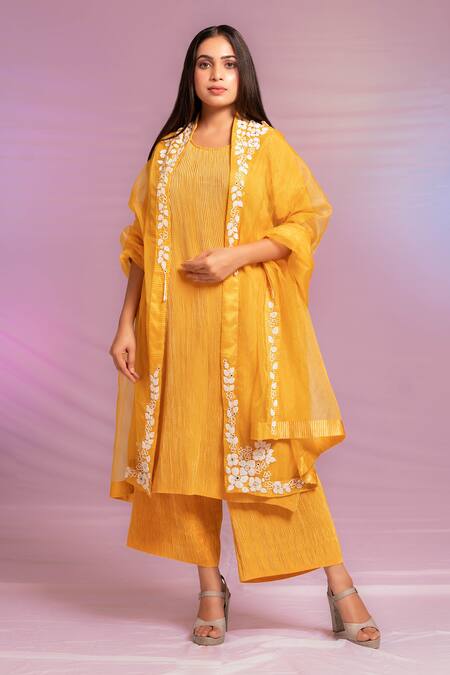 Preeti Mehta_Yellow Satin, Polyester, Viscose Pleated Kurta Set With Flower Dupatta _Online_at_Aza_Fashions