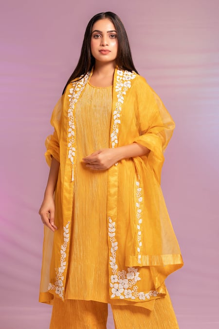 Buy_Preeti Mehta_Yellow Satin, Polyester, Viscose Pleated Kurta Set With Flower Dupatta _Online_at_Aza_Fashions