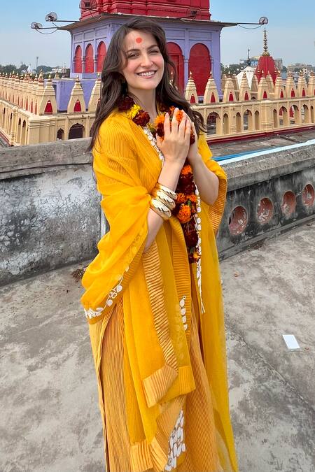 Shop_Preeti Mehta_Yellow Satin, Polyester, Viscose Pleated Kurta Set With Flower Dupatta _Online_at_Aza_Fashions