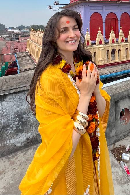 Preeti Mehta_Yellow Satin, Polyester, Viscose Pleated Kurta Set With Flower Dupatta _at_Aza_Fashions