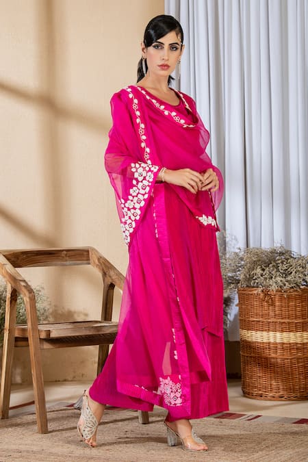 Shop_Preeti Mehta_Pink Satin, Organza, Polyester Pleated Kurta Set With Floral Pearl Dupatta _Online_at_Aza_Fashions