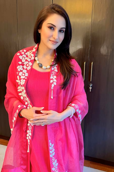 Shop_Preeti Mehta_Pink Satin, Organza, Polyester Pleated Kurta Set With Floral Pearl Dupatta 