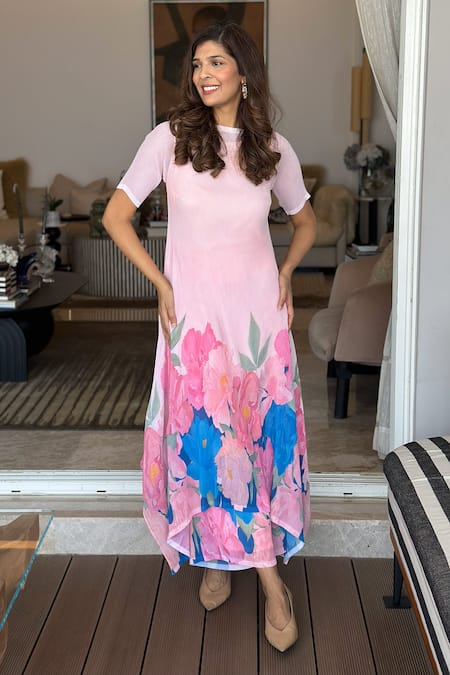 Buy Preeti Mehta Pink Georgette, Viscose, Polyester Floral Print Asymmetric Kurta And Pant Set Online at Aza Fashions Buy_Preeti Mehta_Pink Georgette, Viscose, Polyester Floral Print Asymmetric Kurta And Pant Set _Online_at_Aza_Fashions