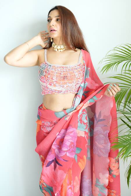 Preeti Mehta_Orange Georgette, Polyester Pleated Pre-draped Printed Saree With Blouse_Online_at_Aza_Fashions