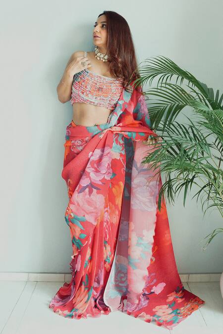 Buy Preeti Mehta Orange Georgette, Polyester Pleated Pre-draped Printed Saree With Blouse Online at Aza Fashions Buy_Preeti Mehta_Orange Georgette, Polyester Pleated Pre-draped Printed Saree With Blouse_Online_at_Aza_Fashions