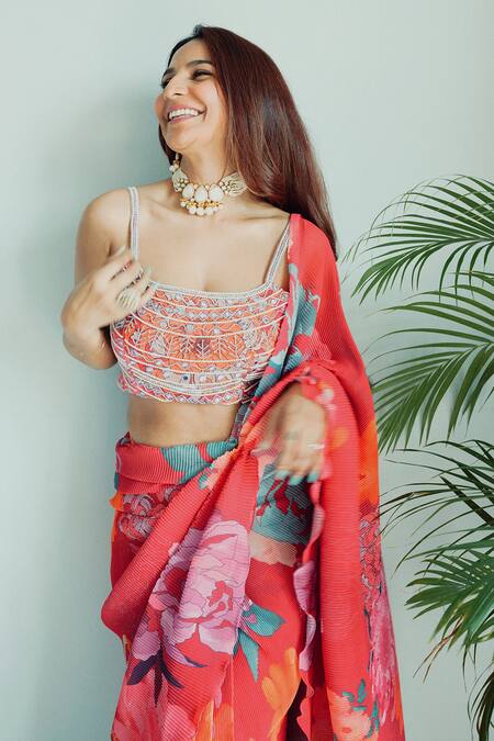 Shop Preeti Mehta Orange Georgette, Polyester Pleated Pre-draped Printed Saree With Blouse Online at Aza Fashions Shop_Preeti Mehta_Orange Georgette, Polyester Pleated Pre-draped Printed Saree With Blouse_Online_at_Aza_Fashions