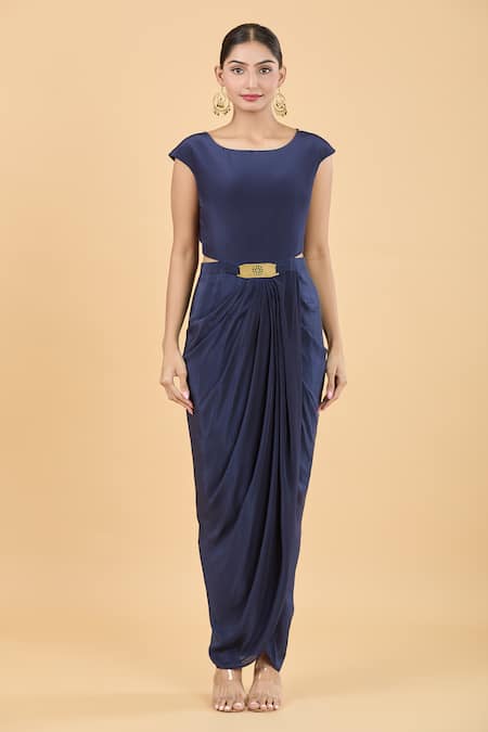 Buy_Soup By Sougat Paul_Blue Cape Crepe, Tunic Muslin Slub Floral Orchid Bloom Print With Draped _Online_at_Aza_Fashions