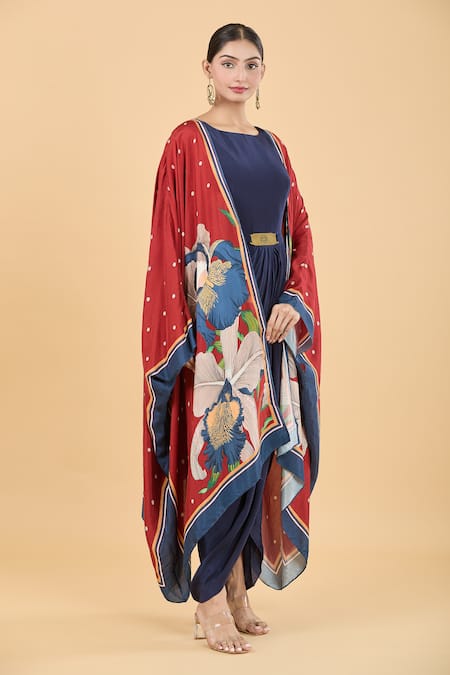 Shop_Soup By Sougat Paul_Blue Cape Crepe, Tunic Muslin Slub Floral Orchid Bloom Print With Draped _Online_at_Aza_Fashions