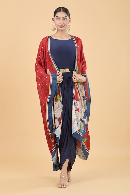 Soup By Sougat Paul_Blue Cape Crepe, Tunic Muslin Slub Floral Orchid Bloom Print With Draped _at_Aza_Fashions