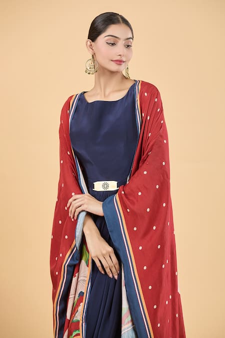 Buy_Soup By Sougat Paul_Blue Cape Crepe, Tunic Muslin Slub Floral Orchid Bloom Print With Draped 