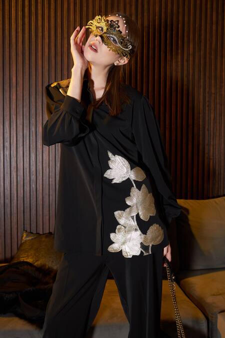 Buy Tasuvure Black Georgette Applique, Embroidery Metallic Lily Bloom Shirt With Pant Online at Aza Fashions Buy_Tasuvure_Black Georgette Applique, Embroidery Metallic Lily Bloom Shirt With Pant_Online_at_Aza_Fashions