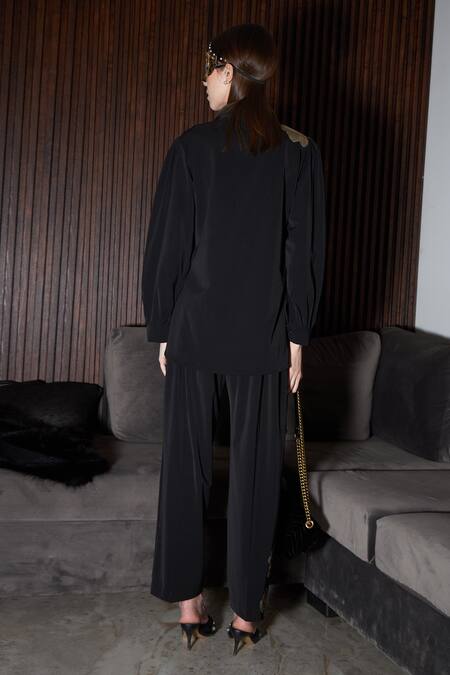 Shop Tasuvure Black Georgette Applique, Embroidery Metallic Lily Bloom Shirt With Pant at Aza Fashions Shop_Tasuvure_Black Georgette Applique, Embroidery Metallic Lily Bloom Shirt With Pant_at_Aza_Fashions