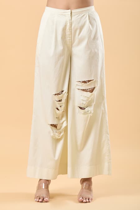 AK-OK White Cotton Cut Work Distressed Pant Online at Aza Fashions AK-OK_White Cotton Cut Work Distressed Pant _Online_at_Aza_Fashions