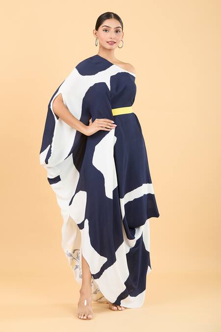 Buy_Vedika M_Blue Georgette Asymmetric Abstract Print Maxi Dress With Belt_Online_at_Aza_Fashions