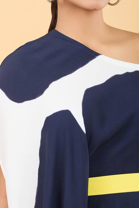 Vedika M_Blue Georgette Asymmetric Abstract Print Maxi Dress With Belt_at_Aza_Fashions