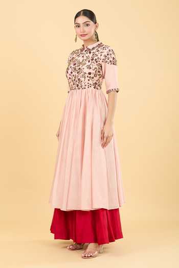 Shasha Gaba_Pink Chanderi, Chiffon Floral, Beads Embroidered Yoke Anarkali With Flared Pant_Online_at_Aza_Fashions
