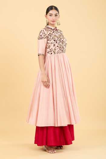 Buy_Shasha Gaba_Pink Chanderi, Chiffon Floral, Beads Embroidered Yoke Anarkali With Flared Pant_Online_at_Aza_Fashions