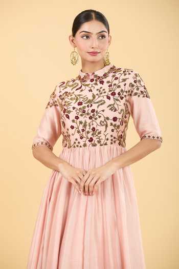 Shop_Shasha Gaba_Pink Chanderi, Chiffon Floral, Beads Embroidered Yoke Anarkali With Flared Pant_Online_at_Aza_Fashions