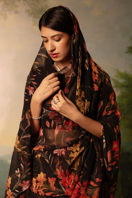 Atelier Shikaarbagh Black Chiffon, Silk Satin Floral Print Saree With Unstitched Blouse Piece Online at Aza Fashions Atelier Shikaarbagh_Black Chiffon, Silk Satin Floral Print Saree With Unstitched Blouse Piece _Online_at_Aza_Fashions
